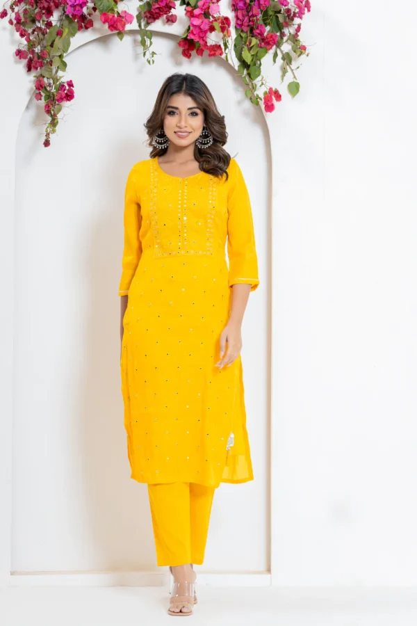 Embroidered Mirror Kurta Set in Yellow
