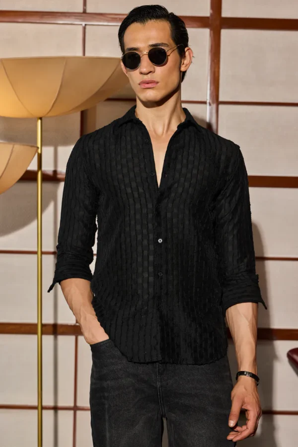 Slim Fit Stripes Black Shirt