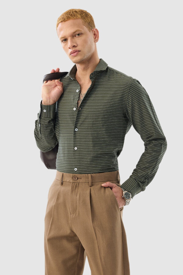 Olive Green Stripes Slim Fit Shirt