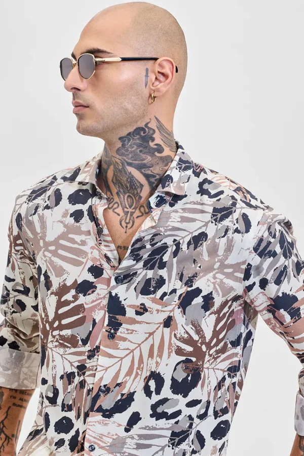 Beige Abstract Slim Fit Shirt