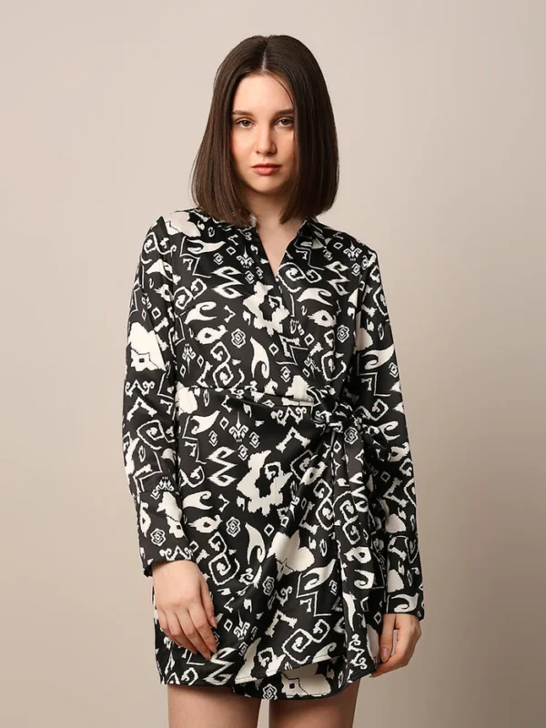 Black Printed Satin Wrap Dress