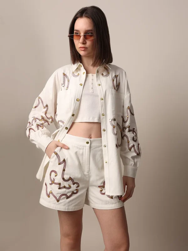 White Embroidered Co-Ord Set Shorts
