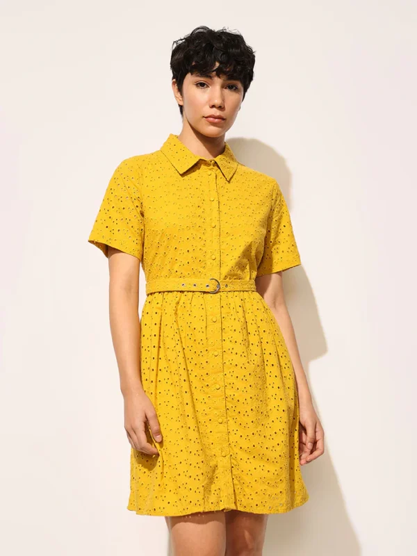 Yellow Schiffli Cotton Shirt Dress