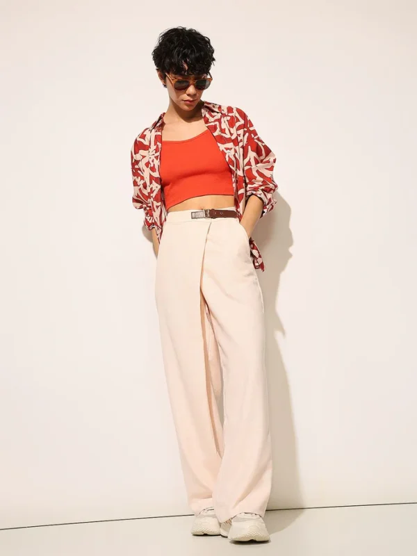 Beige High Rise Belted Pants