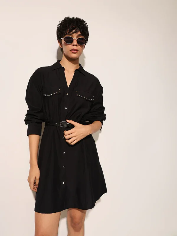 Black Studded Pockets Shirt Dress