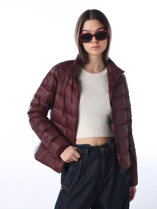 Quilted High Neck Puffer Jacket - Brown