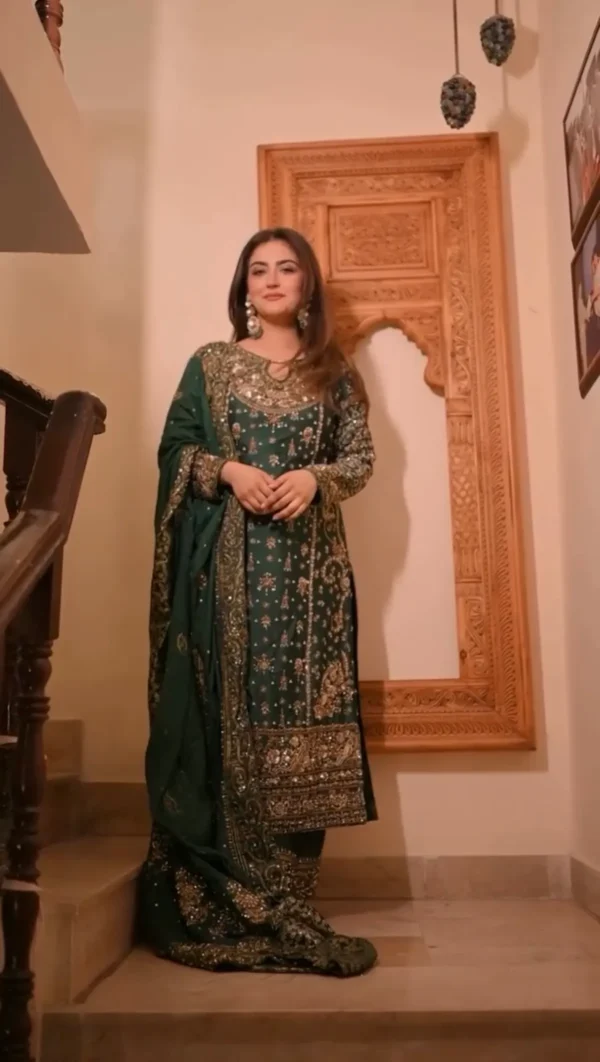 Dark Green Heavy Embroidered Party Wear Kurta With Palazzo & Dupatta For Women