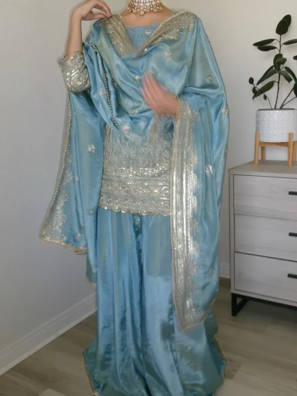 Pastel Blue Elegant Embroidered Sequence Designer Sharara Set For Women